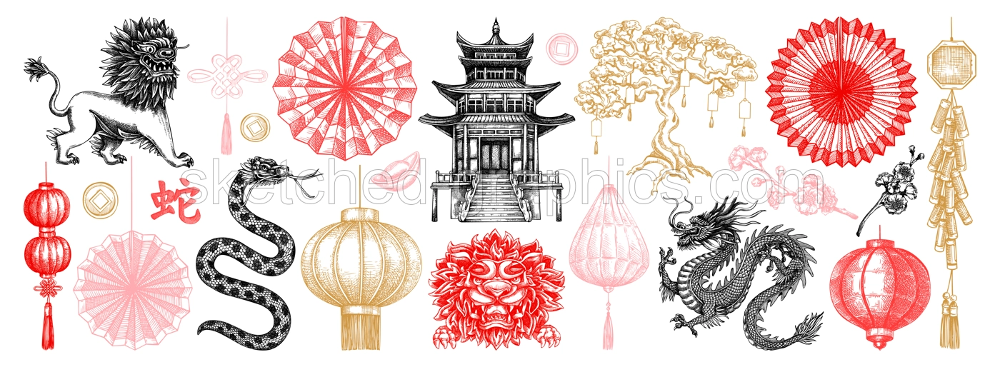 Traditional China sketches set. Chinese New Year decoration. Hand-drawn vector illustrations. NOT AI generated Illustration